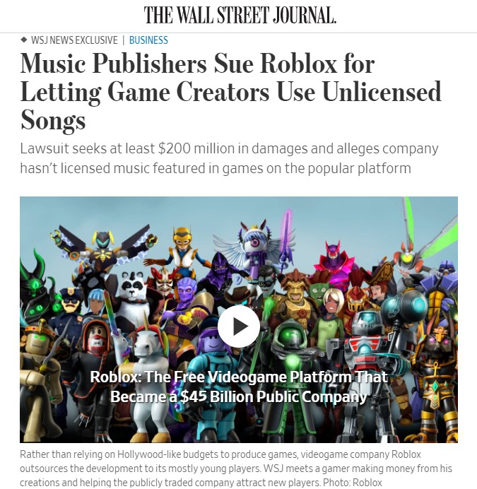 Music publishers sue Roblox over alleged use of unlicensed songs
